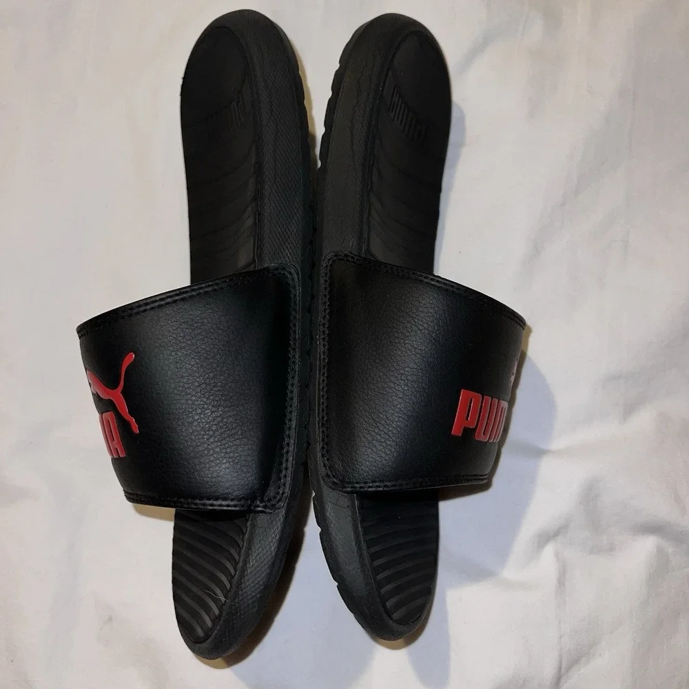 Puma Sandals Mens 9 Cool Cat Casual Slip On Flats Slides Black Red Faux Leather - Picture 3 of 9